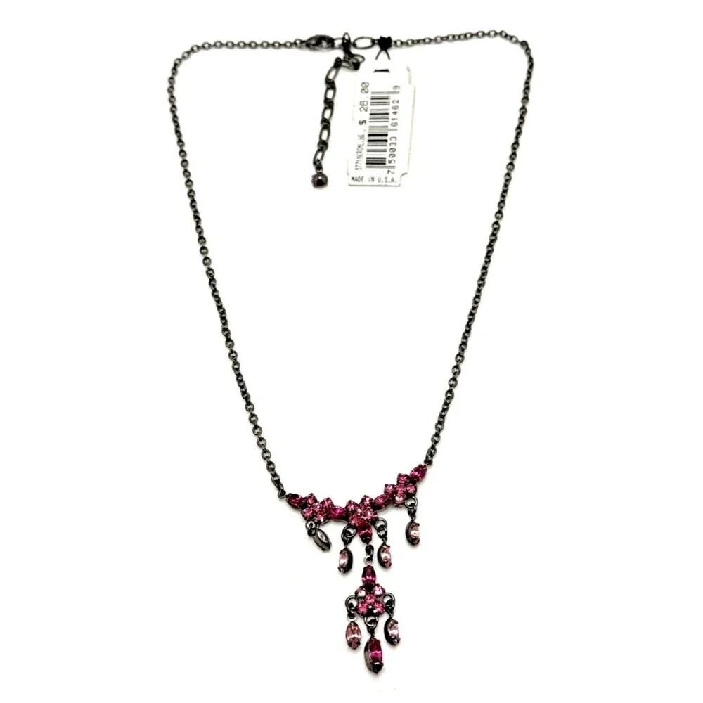 New VIESTE Pink Austrian Crystal Dangle Pendant Necklace Genuine Gems 16-18